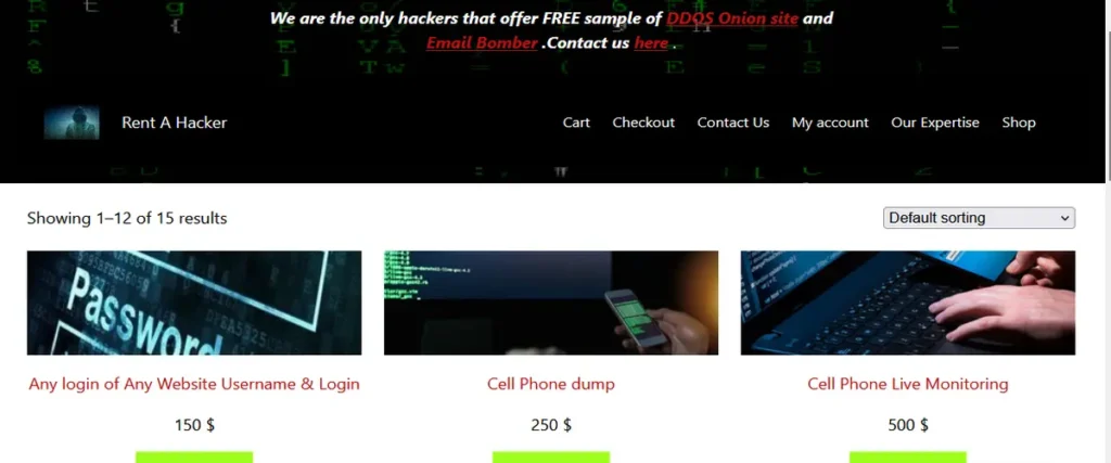 screenshot of website of Rent A Hacker market